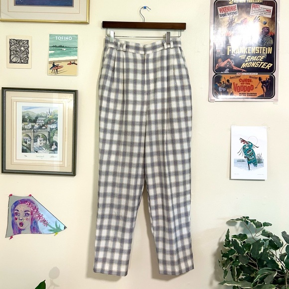 Vintage High Waisted Plaid Pleated Trousers - Picture 2 of 6